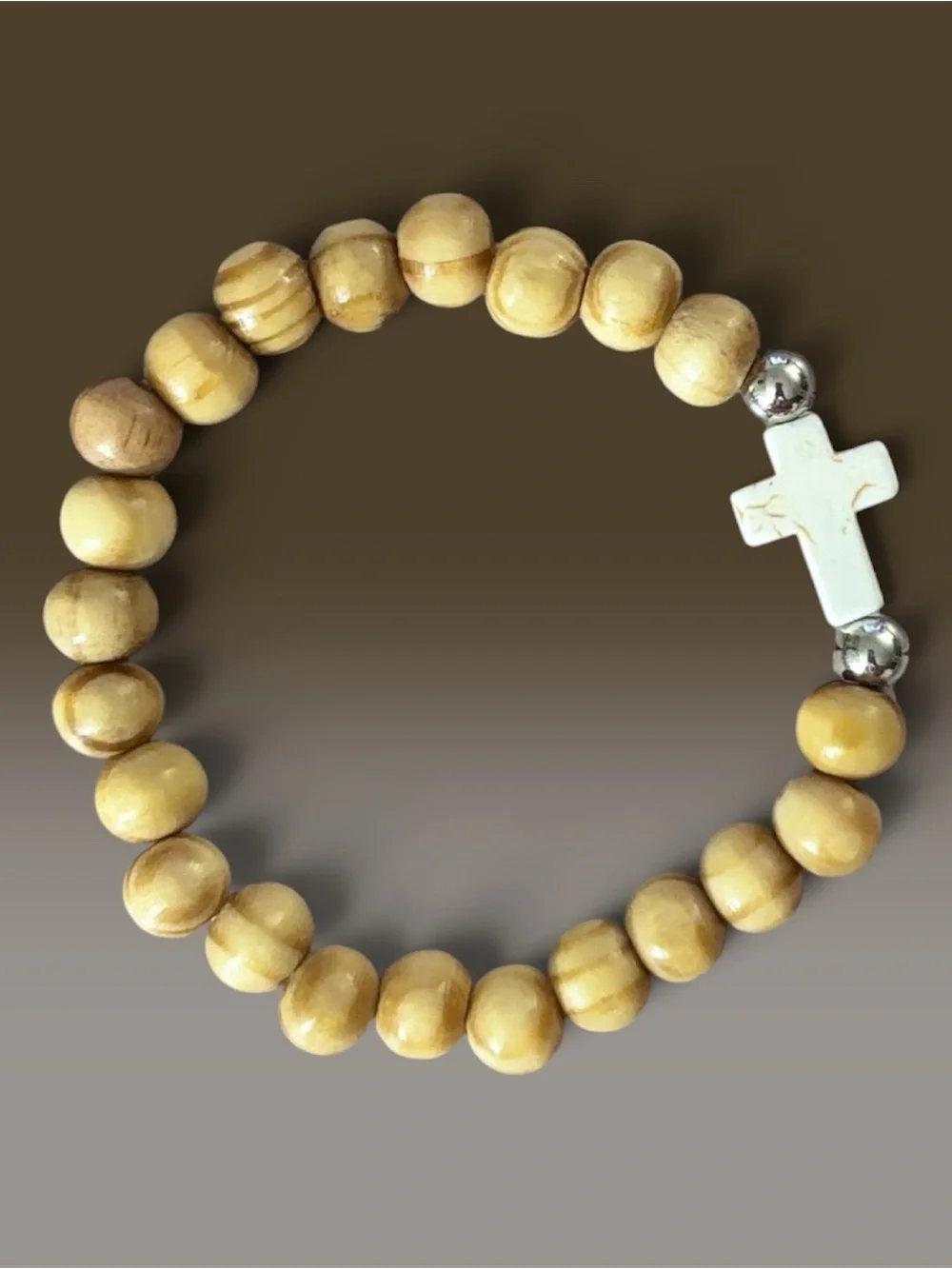Hand Crafted Brown and Black Striped Wood Bead Bracelet with White Cross